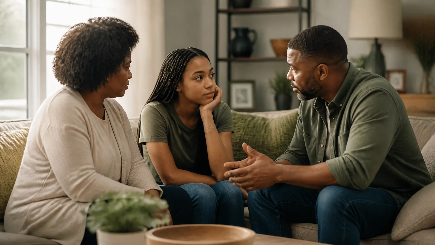 African-American family sharing a supportive conversation in a comfortable living room.