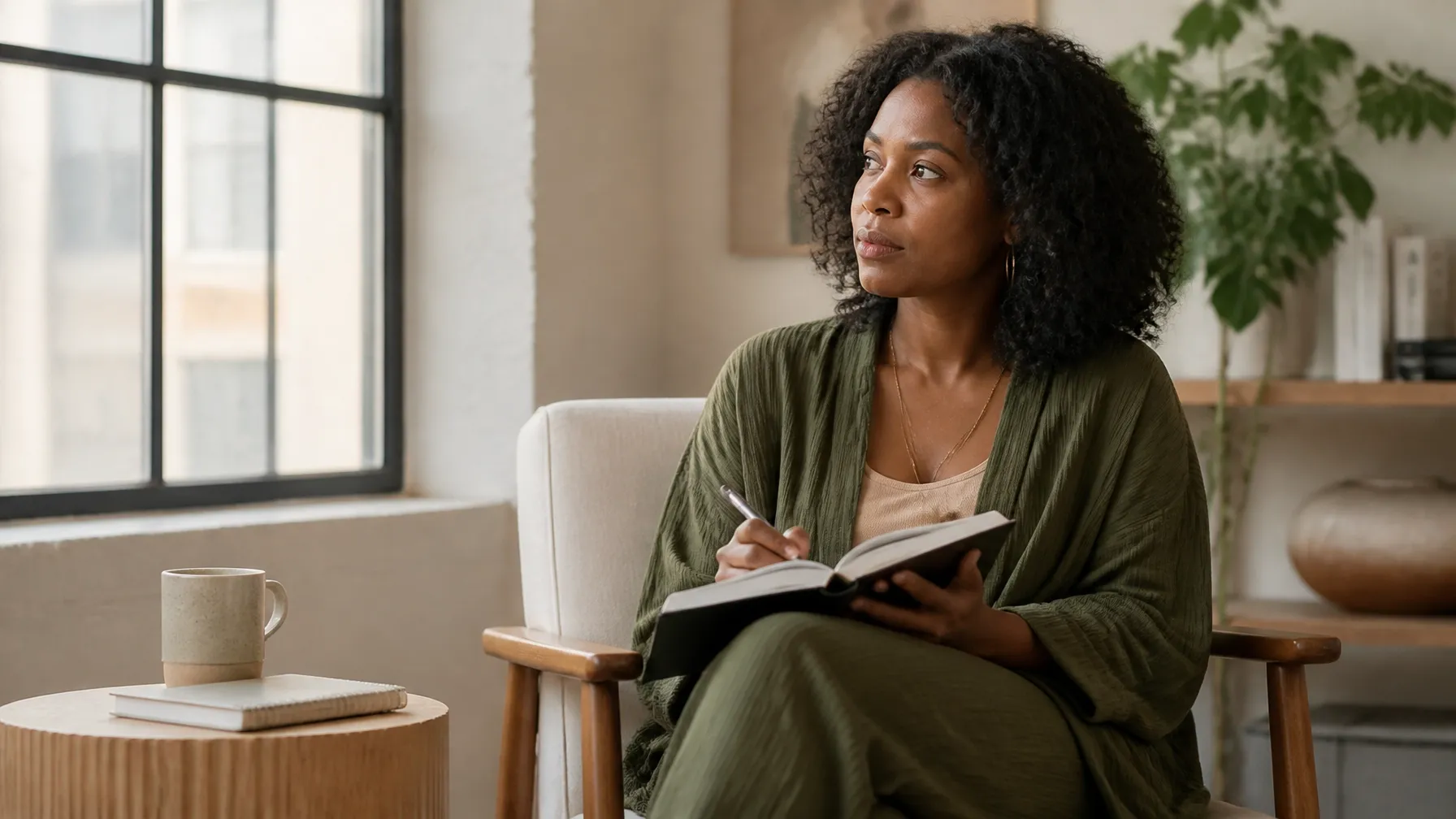 African-American woman writing thoughtfully in a journal beside a bright window.