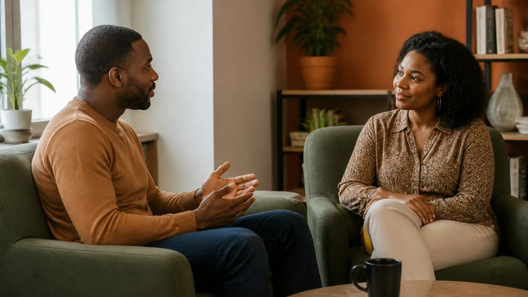 African-American friends practicing attentive listening during a relaxed conversation.