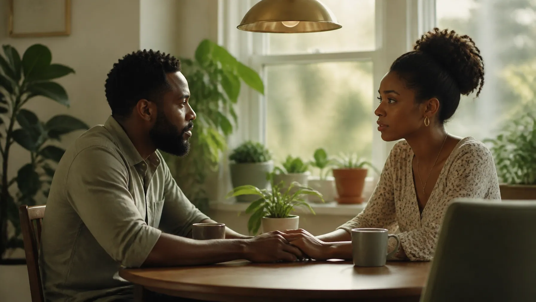 African-American couple having a sincere conversation across a dining table.