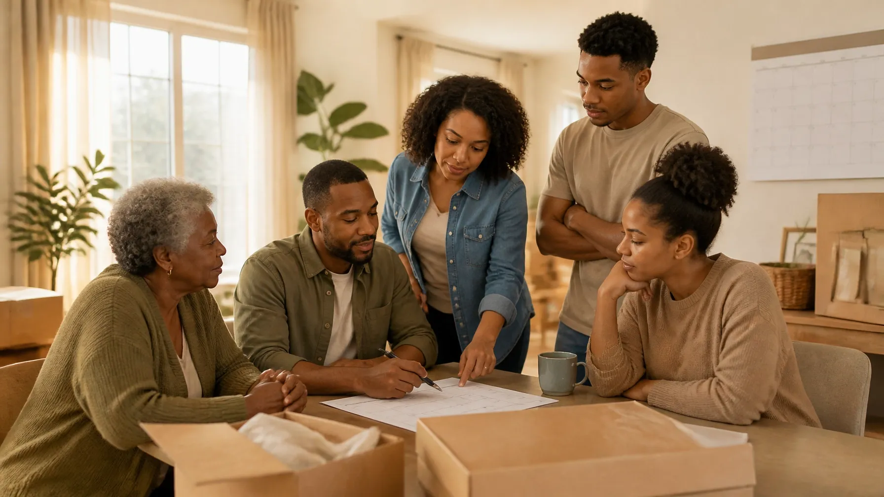 Multigenerational African-American family calmly planning around a table during a move.