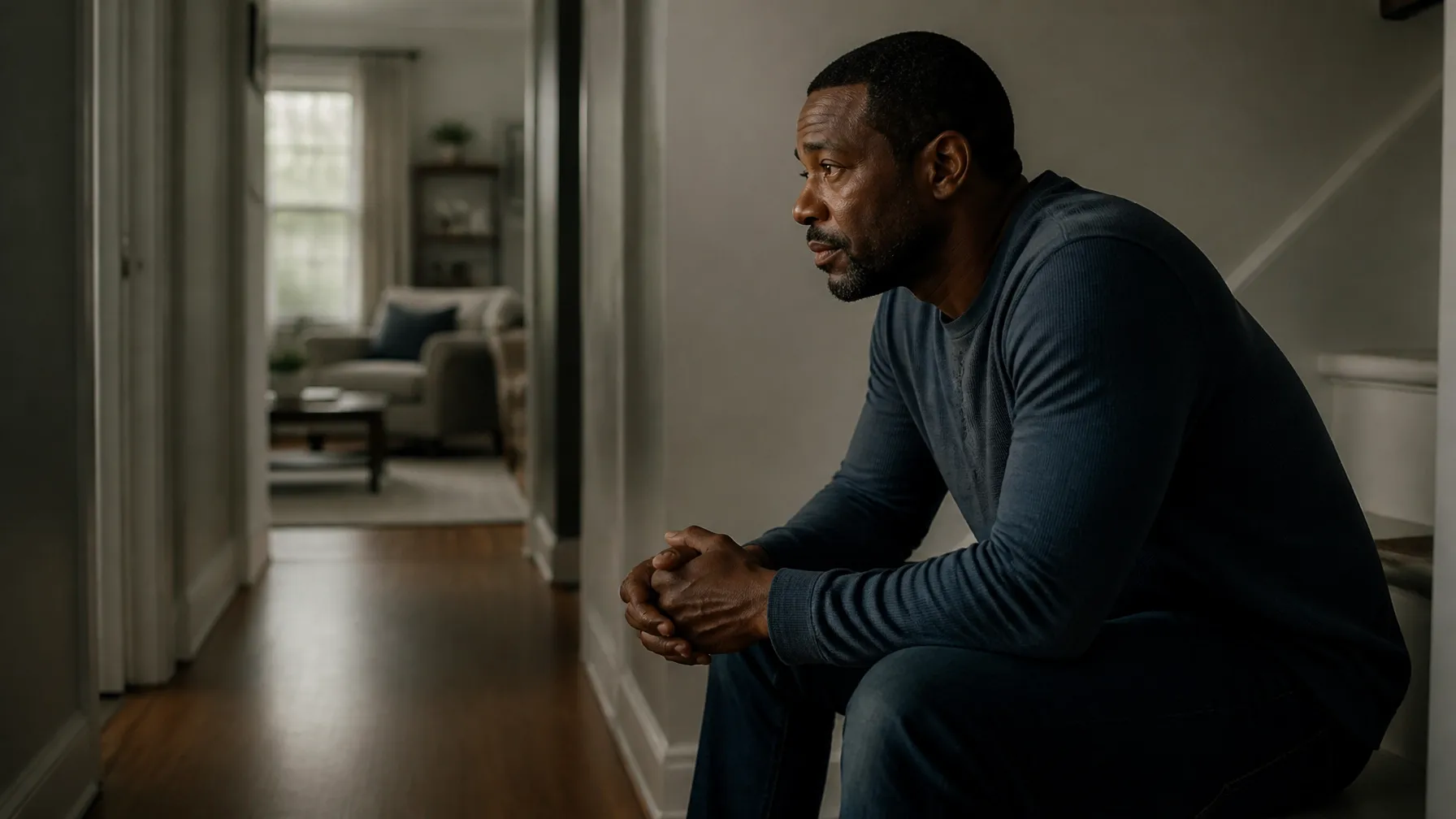African-American father taking a calm pause while regulating difficult emotions at home.