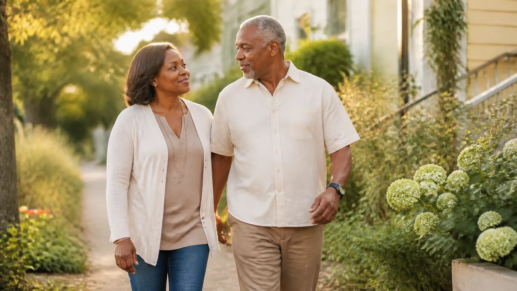 African-American couple walking and talking together through a leafy neighborhood garden.