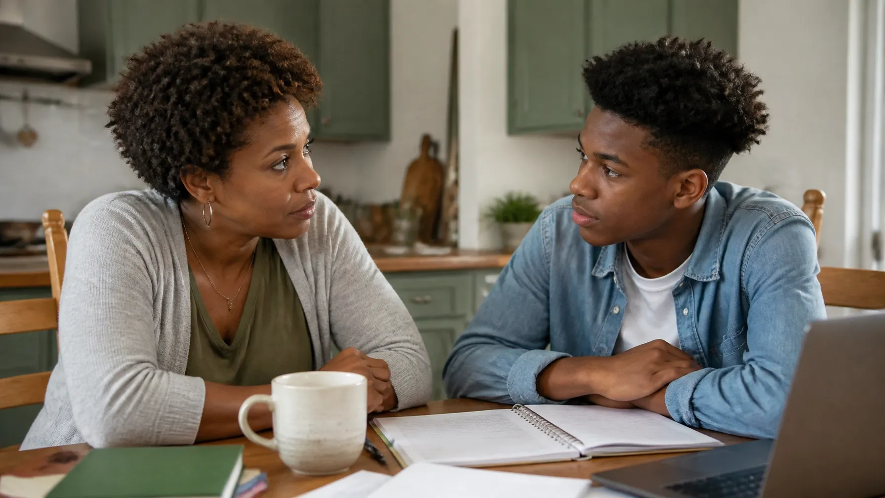 African-American mother and teenage son listening to each other at a kitchen table.