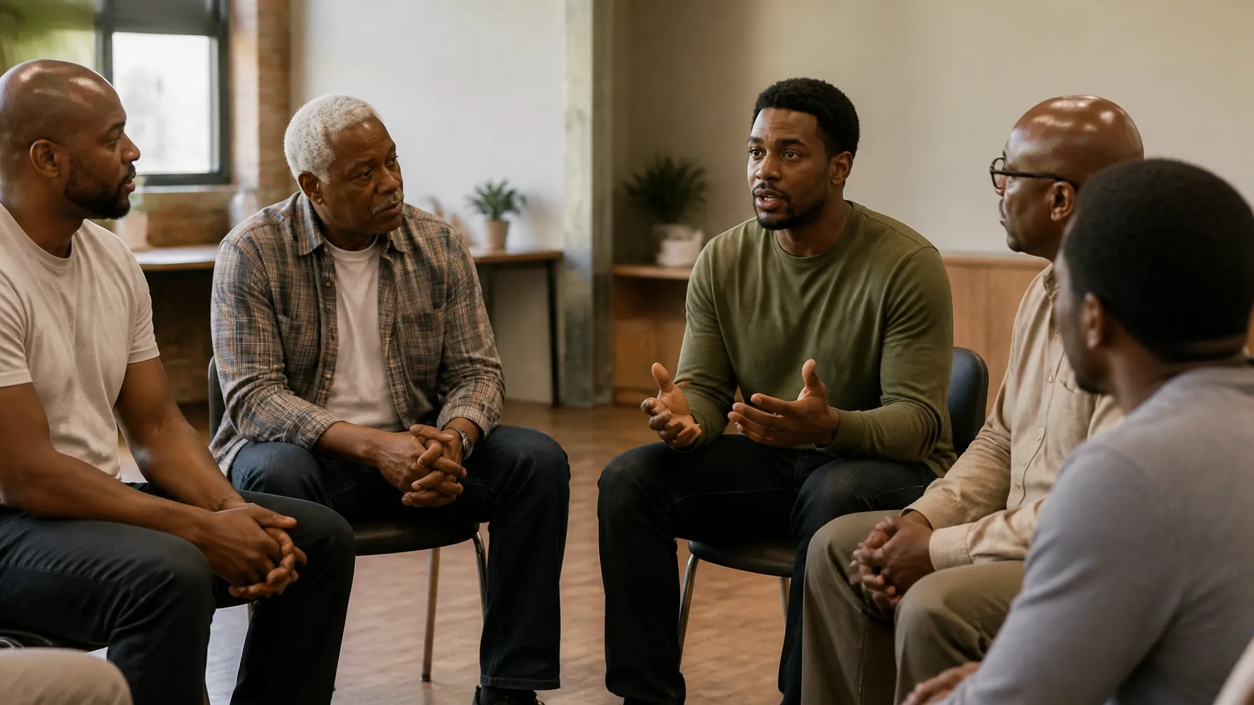 Group of African-American men participating in a calm, facilitated discussion.