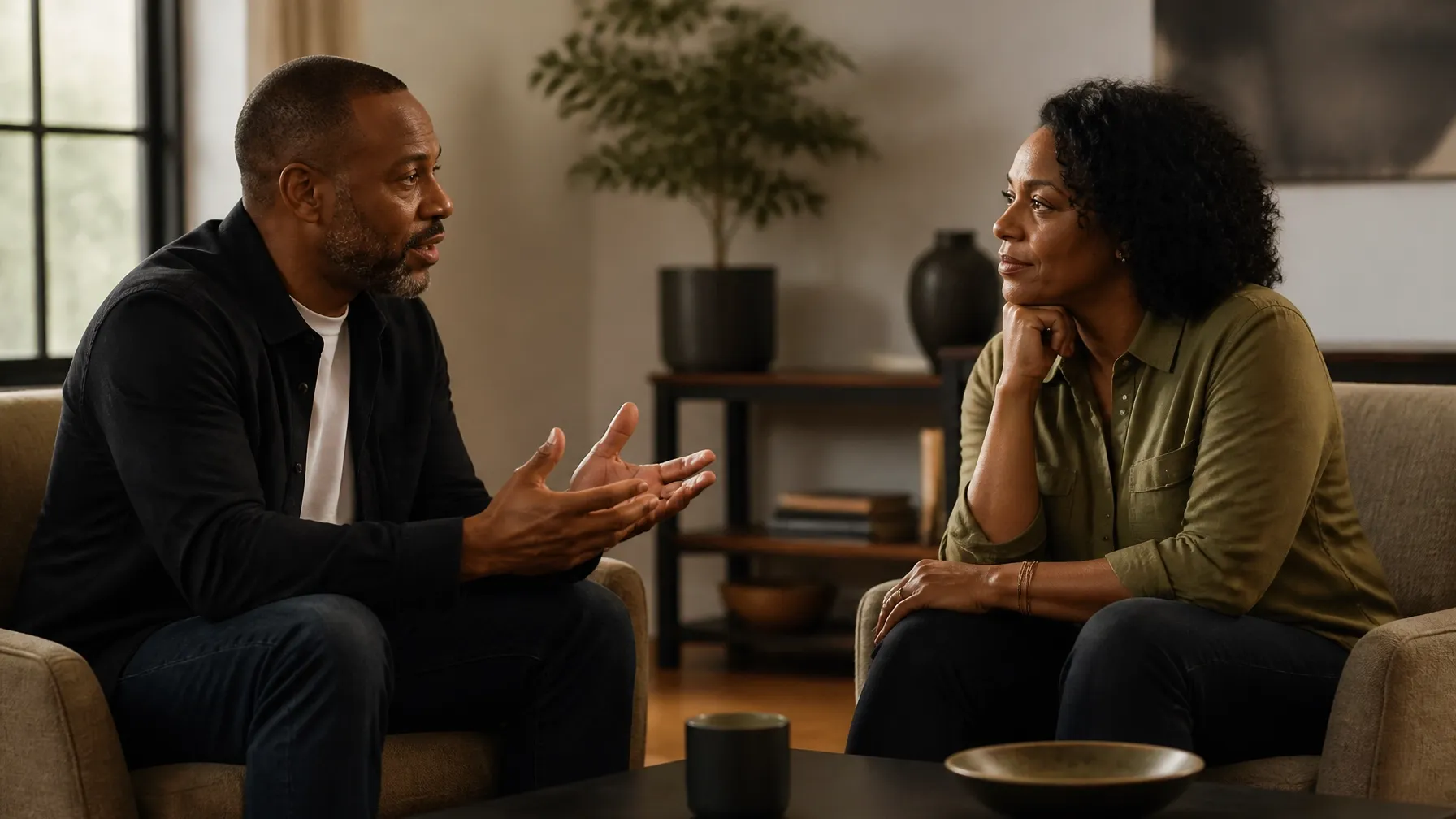 African-American married couple having a thoughtful conversation in a warm living room.