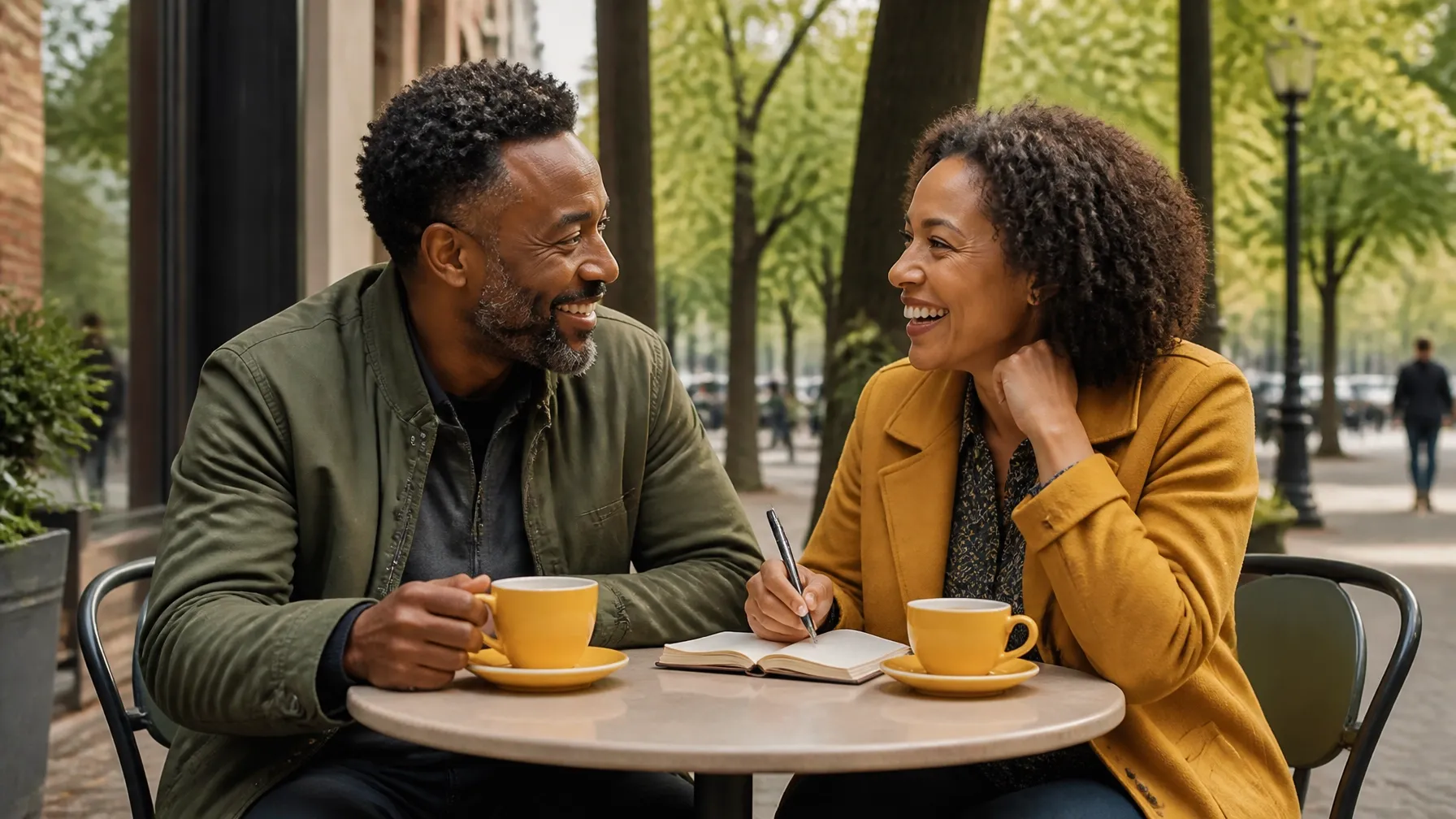 African-American couple sharing a laugh over coffee while planning time together.