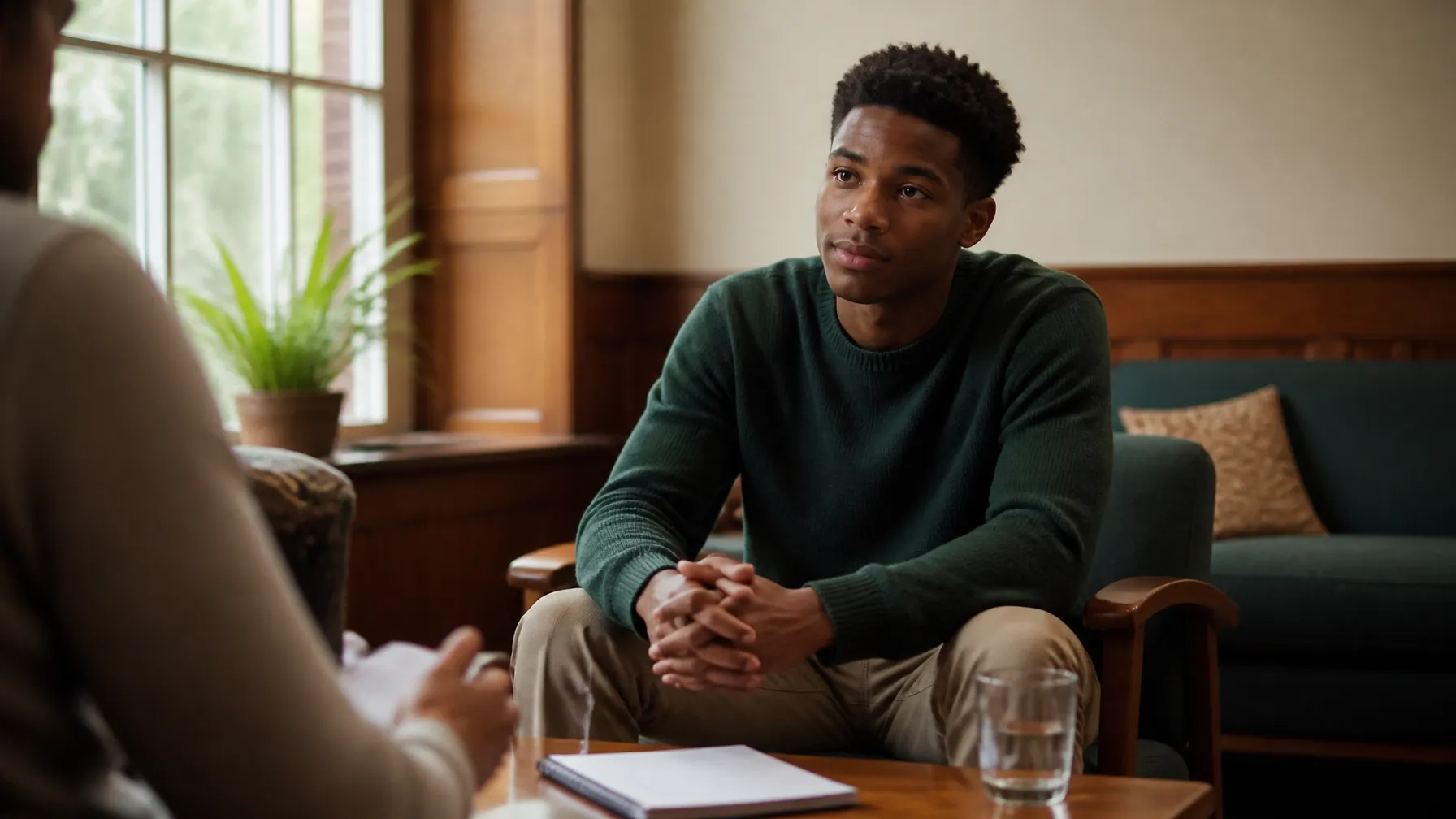 Young African-American man engaged in a thoughtful conversation in a quiet room.