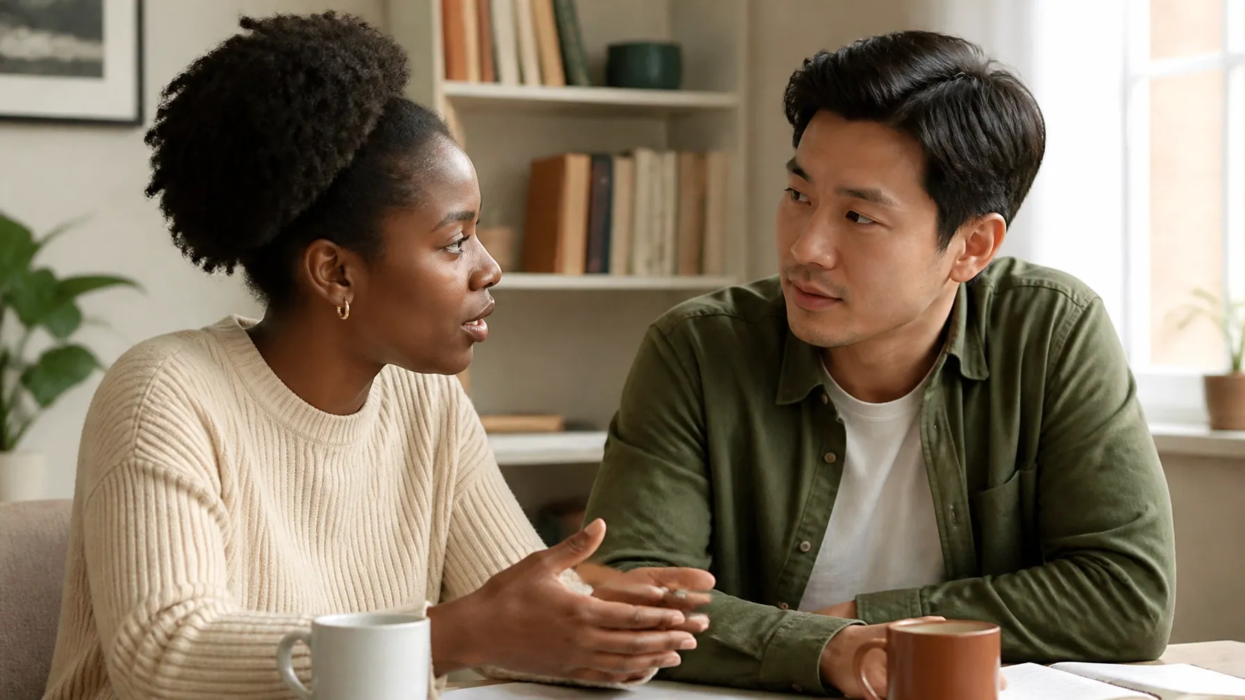 Interracial couple sitting side by side and discussing something with care.