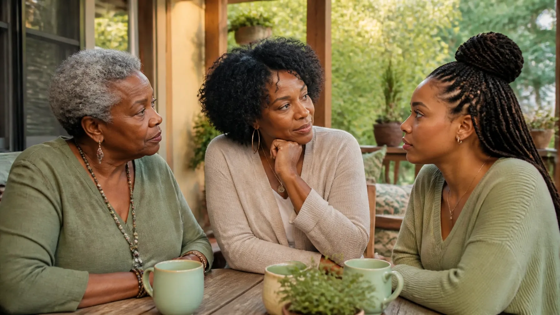Three generations of an African-American family sharing a listening moment on a porch.