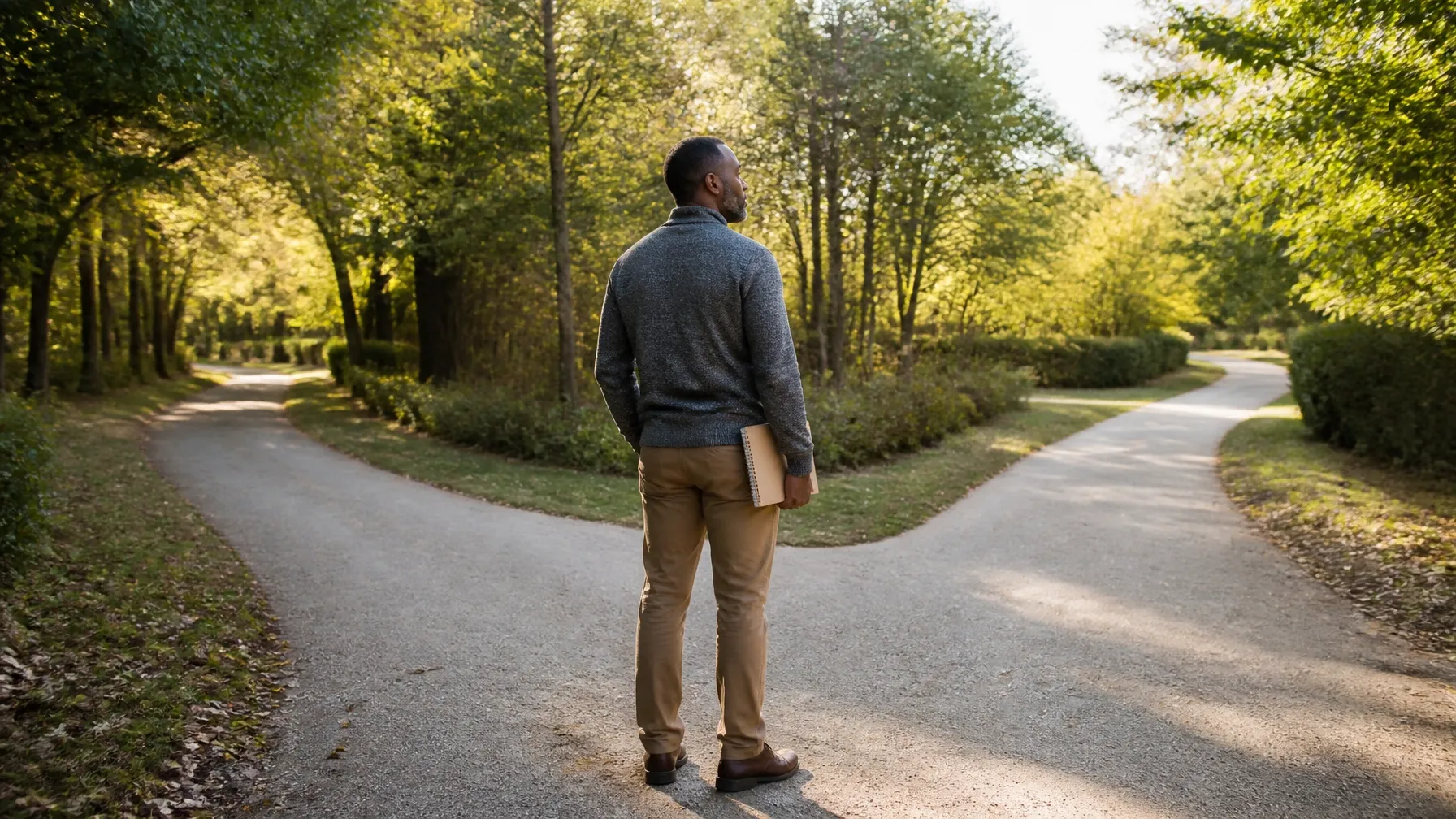 African-American man pausing at a fork in a tree-lined path with a notebook.