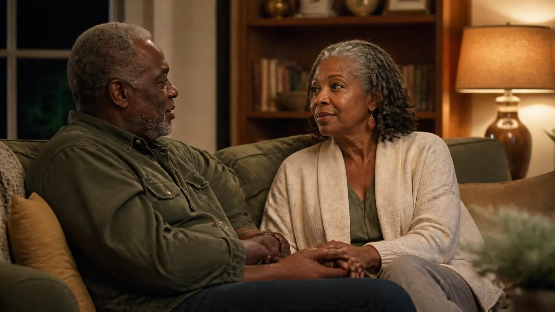 Older African-American couple holding hands while talking quietly at home.