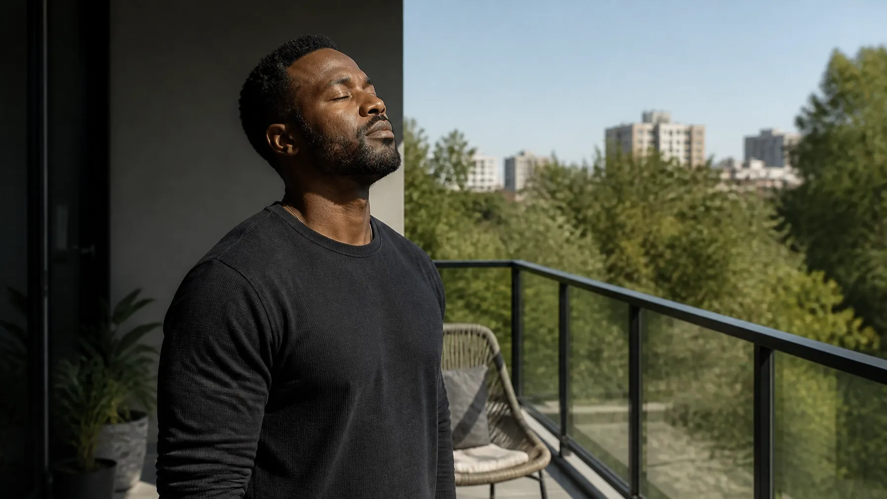 African-American man taking a grounded reflective breath on a sunny balcony.